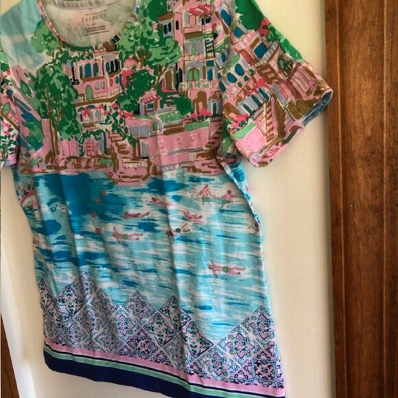 TALBOTS Scenic Mediterranean Tee Short Sleeve Crewneck Blue Pink - Picture 8 of 16